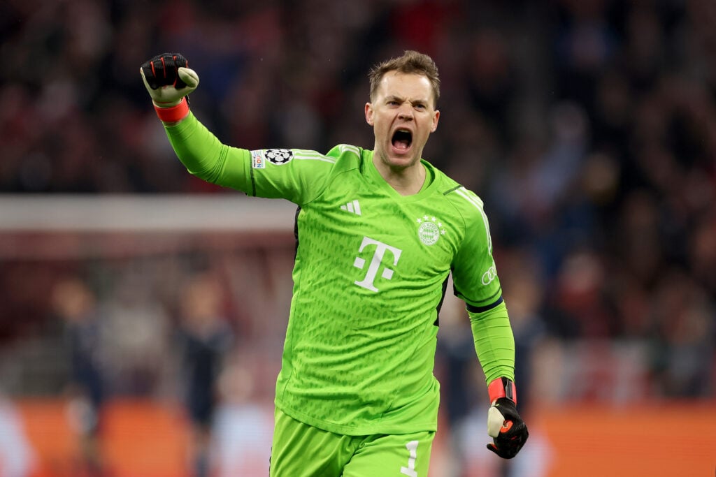 Manuel Neuer celebrates during a Bayern Munich game