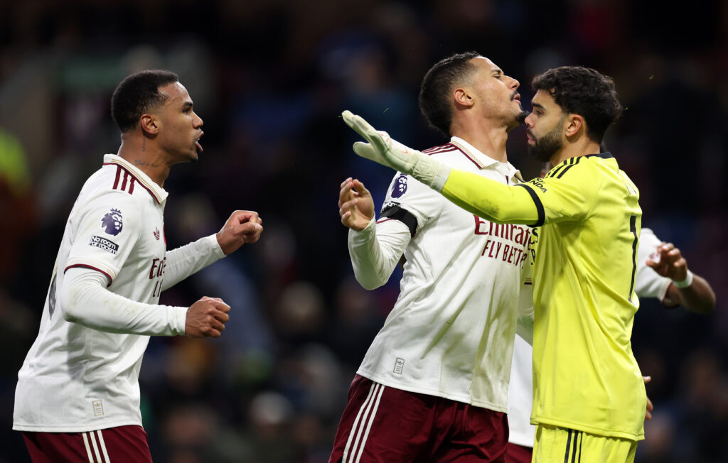 Gabriel Magalhaes, William Saliba and David Raya celebrate after an Arsenal game