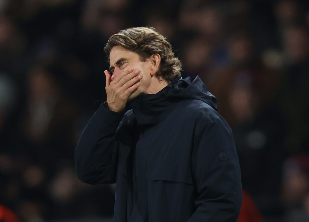Thomas Frank looking dejected during a Tottenham game
