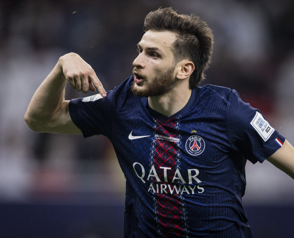 Khvicha Kvaratskhelia celebrates after scoring for Paris Saint-Germain