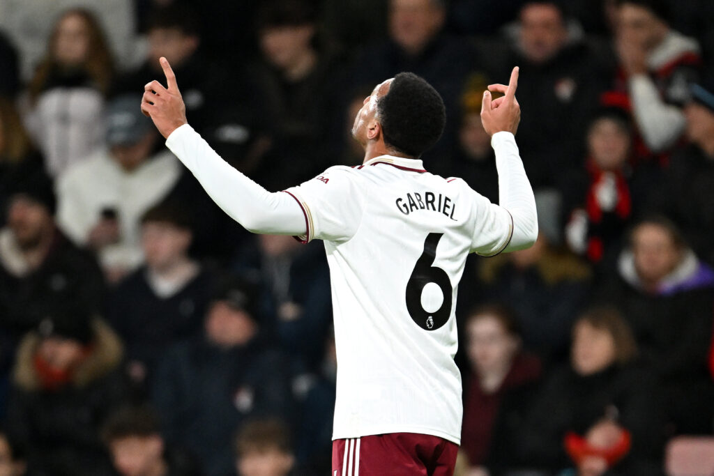 Gabriel Magalhaes celebrates after scoring for Arsenal