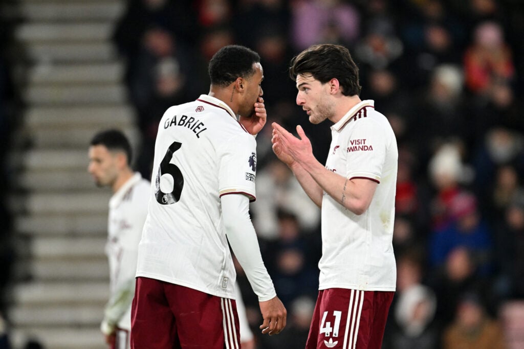 Declan Rice and Gabriel of Arsenal interact during the Premier League match between Bournemouth and Arsenal at Vitality Stadium on January 03, 2026 in Bournemouth, England.