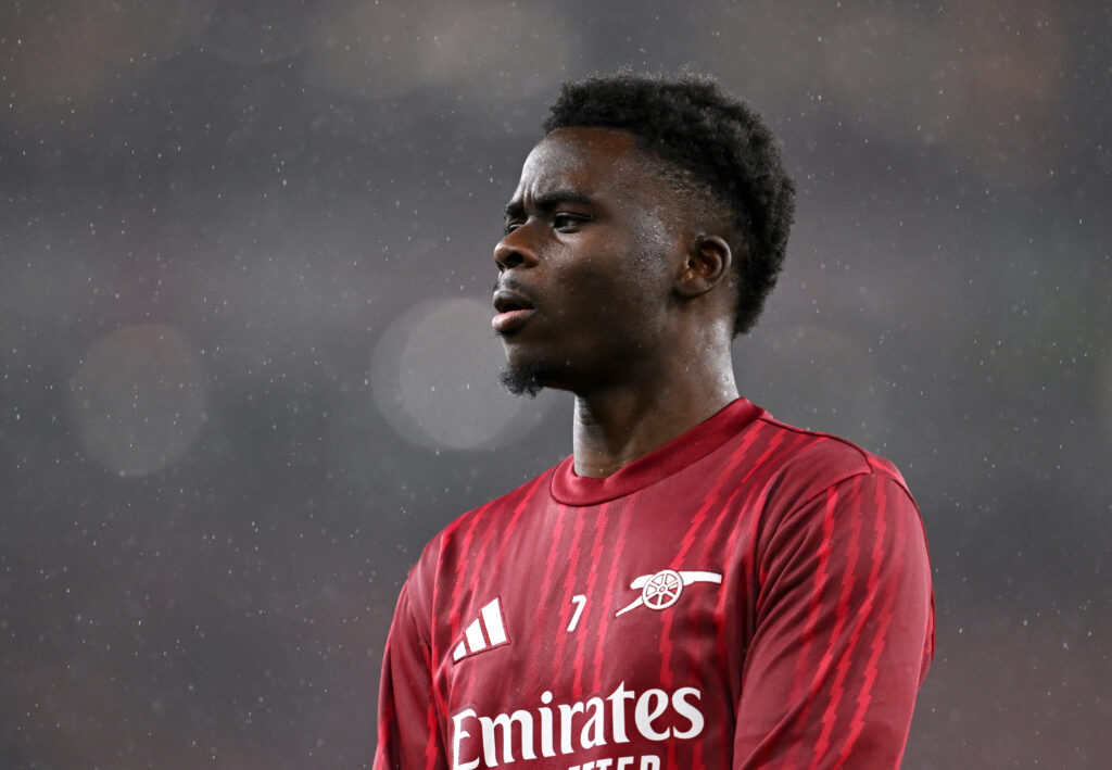 Bukayo Saka of Arsenal looks on during the Premier League match between Arsenal and Liverpool at Emirates Stadium