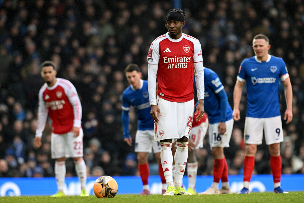 Noni Madueke about to take a penalty kick during Portsmouth vs Arsenal