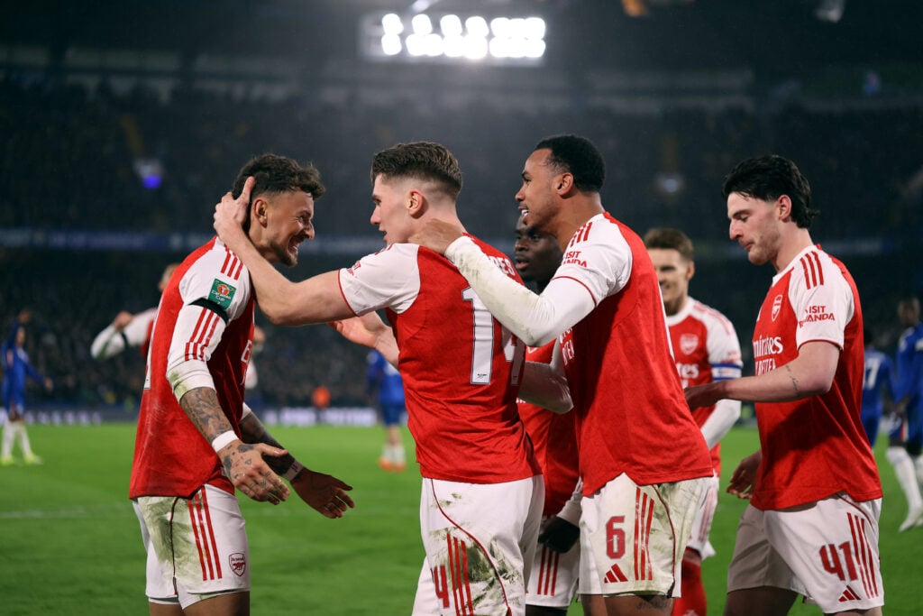 Arsenal players including Ben White and Declan Rice celebrate a goal against Chelsea