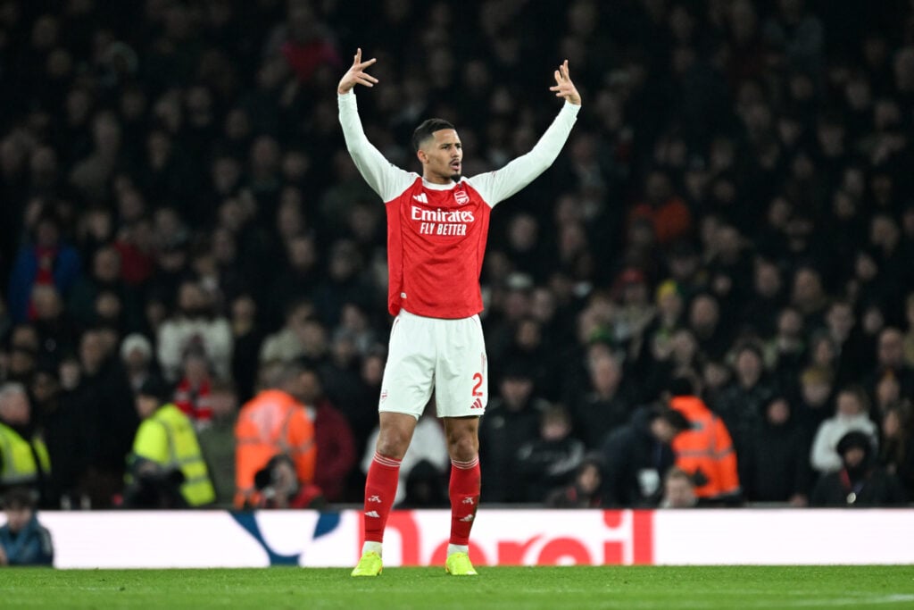 William Saliba reacts during Arsenal vs Manchester United