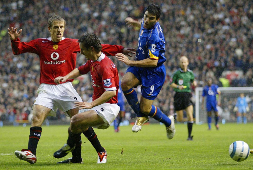 Gary and Phil Neville challenge Jose Antonio Reyes during Manchester United vs Arsenal