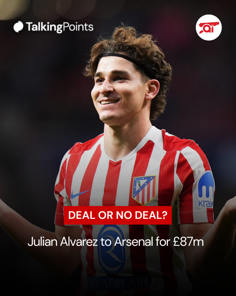 Image of Julian Alvarez celebrating an Atletico Madrid goal, overlaid a question to Arsenal fans