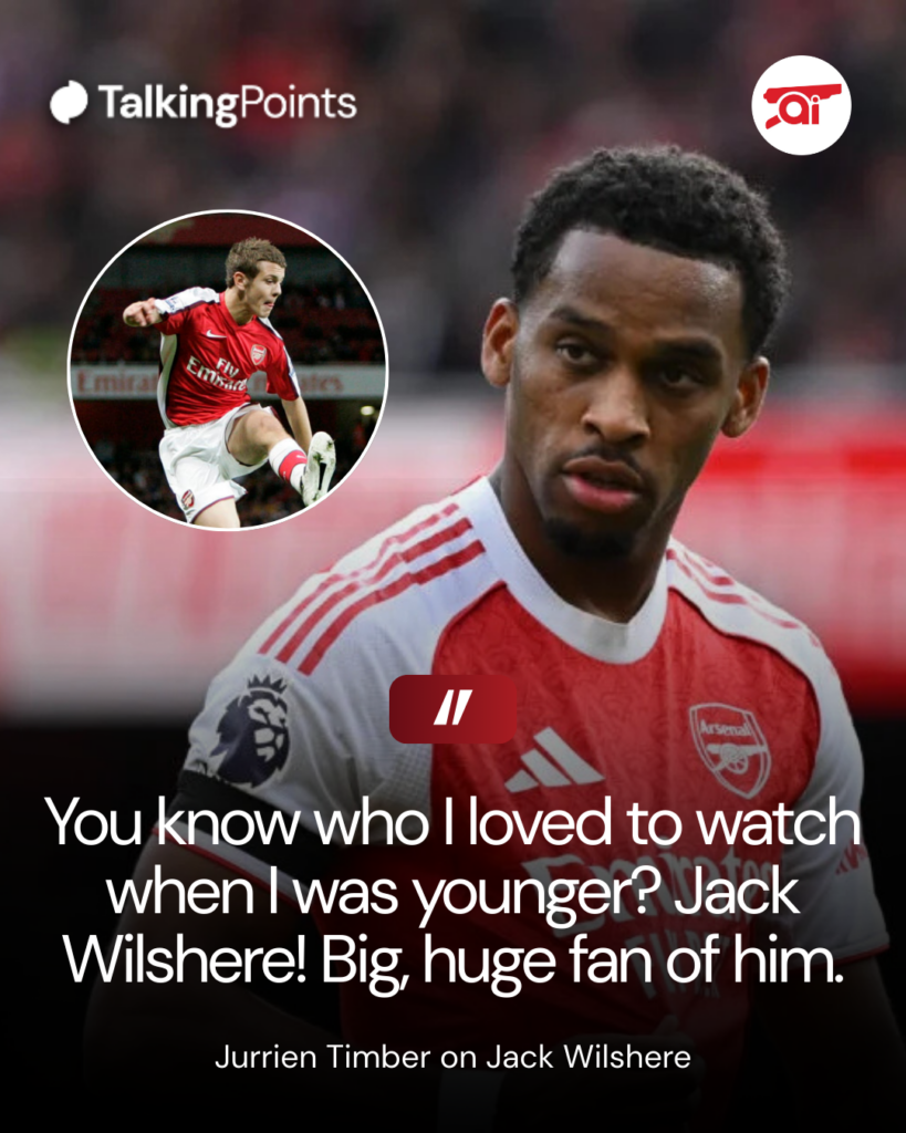 Image of Jurrien Timber with an inset of Jack Wilshere playing at Arsenal, overlaid a quote from Timber on Wilshere
