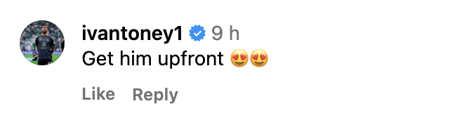 A screengrab of Ivan Toney's comment on Declan Rice's Instagram after Arsenal's win against Bournemouth.