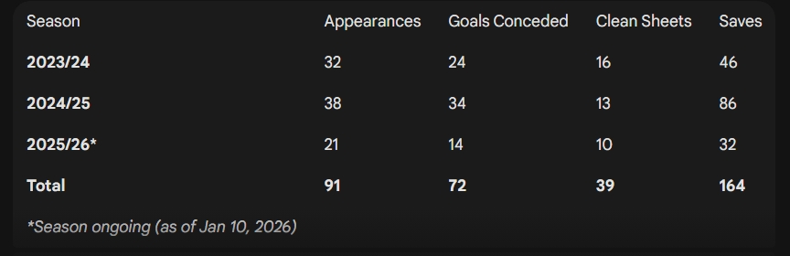 David Raya's stats since signing for Arsenal as generated by Google Gemini