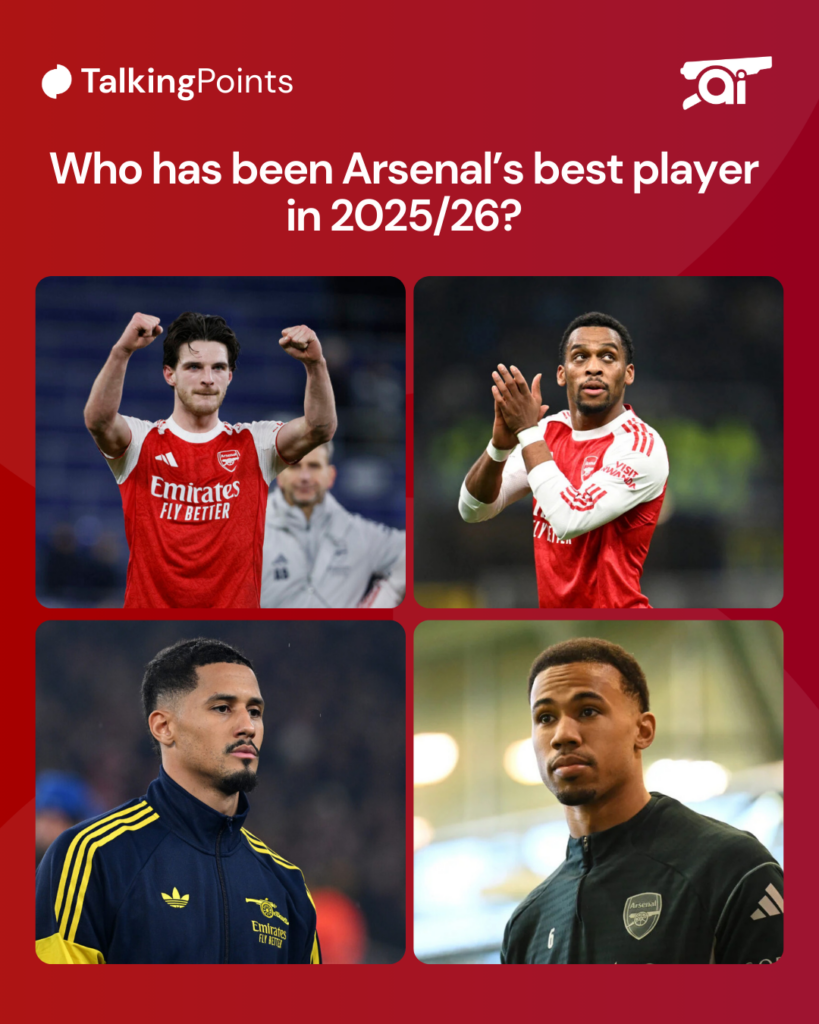 Images of Declan Rice, Jurrien Timber, William Saliba and Gabriel Magalhaes along with a quiestion: Who has been Arsenal's best player in 2025/26?