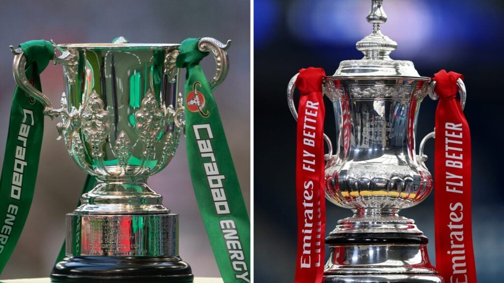 Split image of (L) Carabao Cup and (R) FA Cup trophies on display