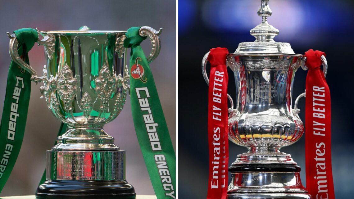 Split image of (L) Carabao Cup and (R) FA Cup trophies on display