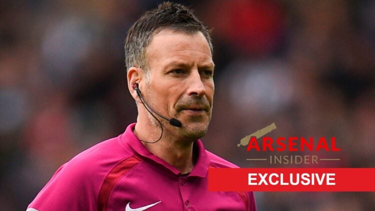 Image of Mark Clattenburg refereeing a game, overlaid an Arsenal Insider exclusive banner