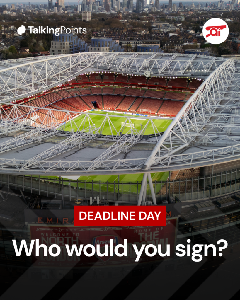 A graphic of the Emirates Stadium asking who Arsenal should sign on transfer deadline day.