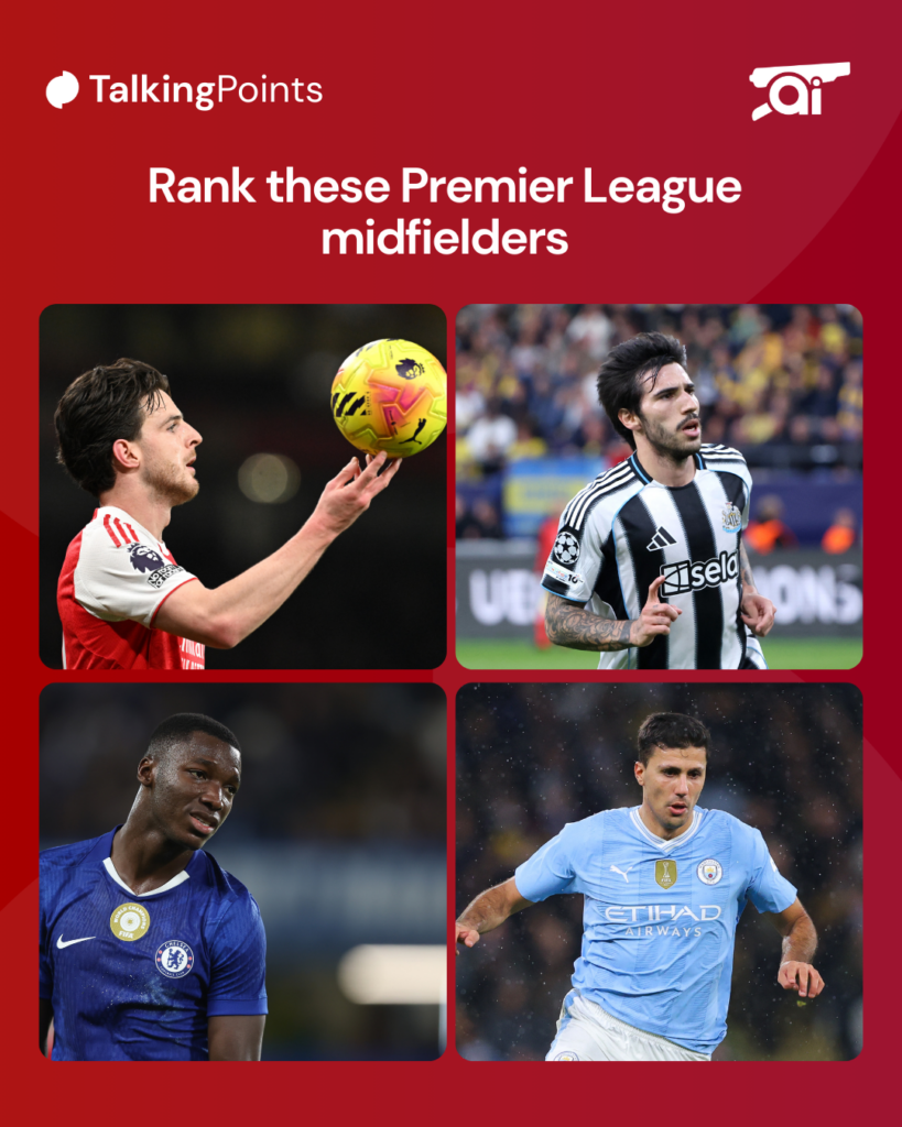 A graphic asking to compare midfielders Declan Rice, Rodri, Moises Caicedo and Sandro Tonali.