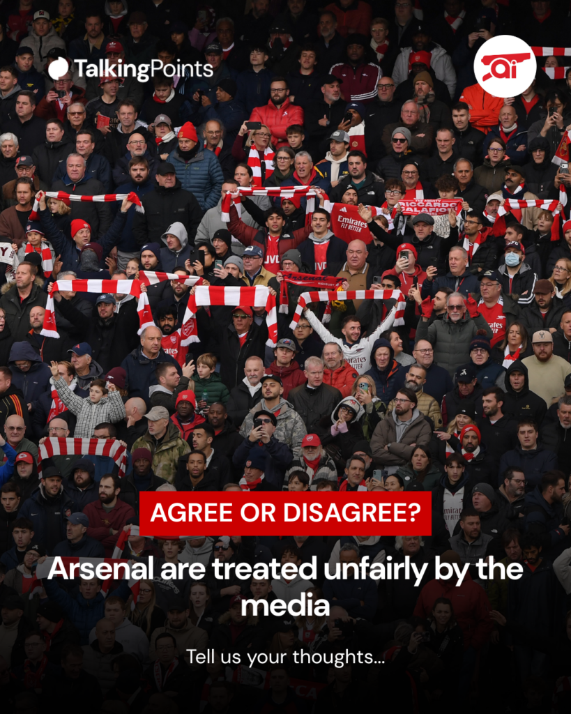 A graphic including an image of Arsenal fans asking the question of whether Arsenal are treated unfairly by the media.