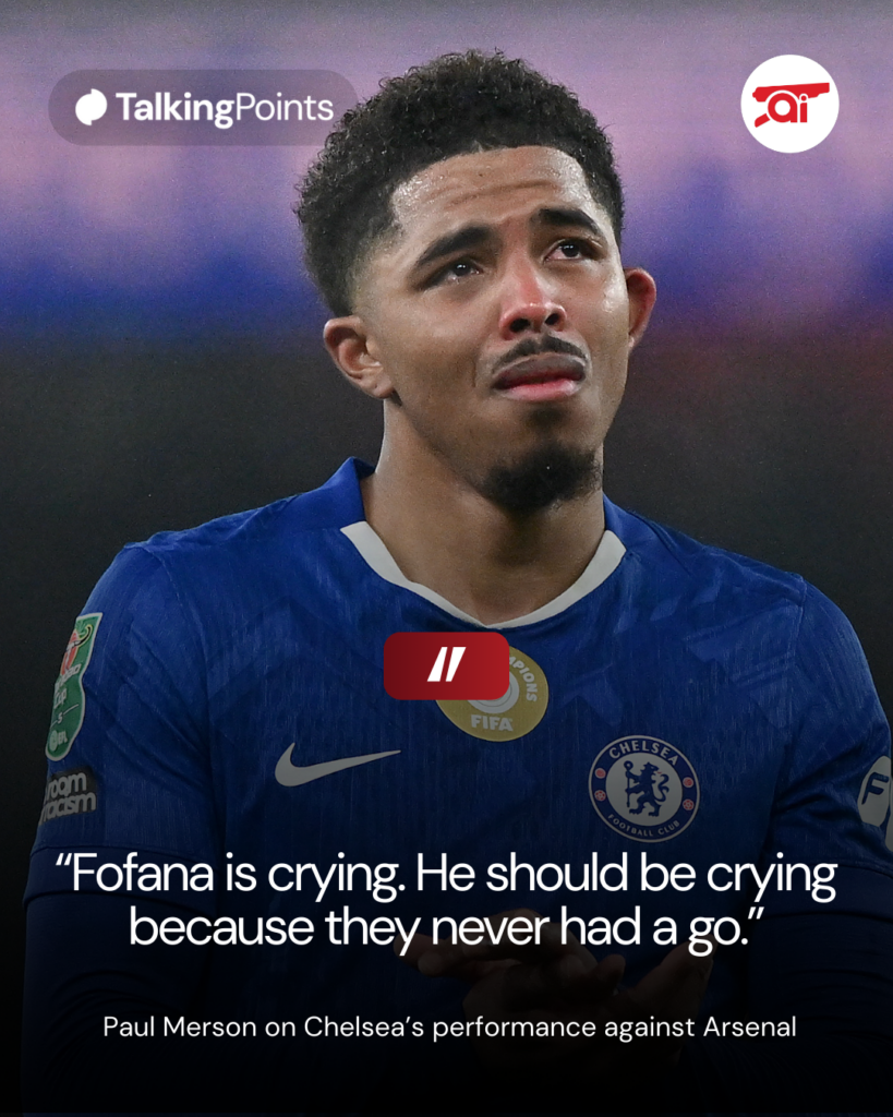 A graphic showing Paul Merson's comment about Chelsea's performance against Arsenal.