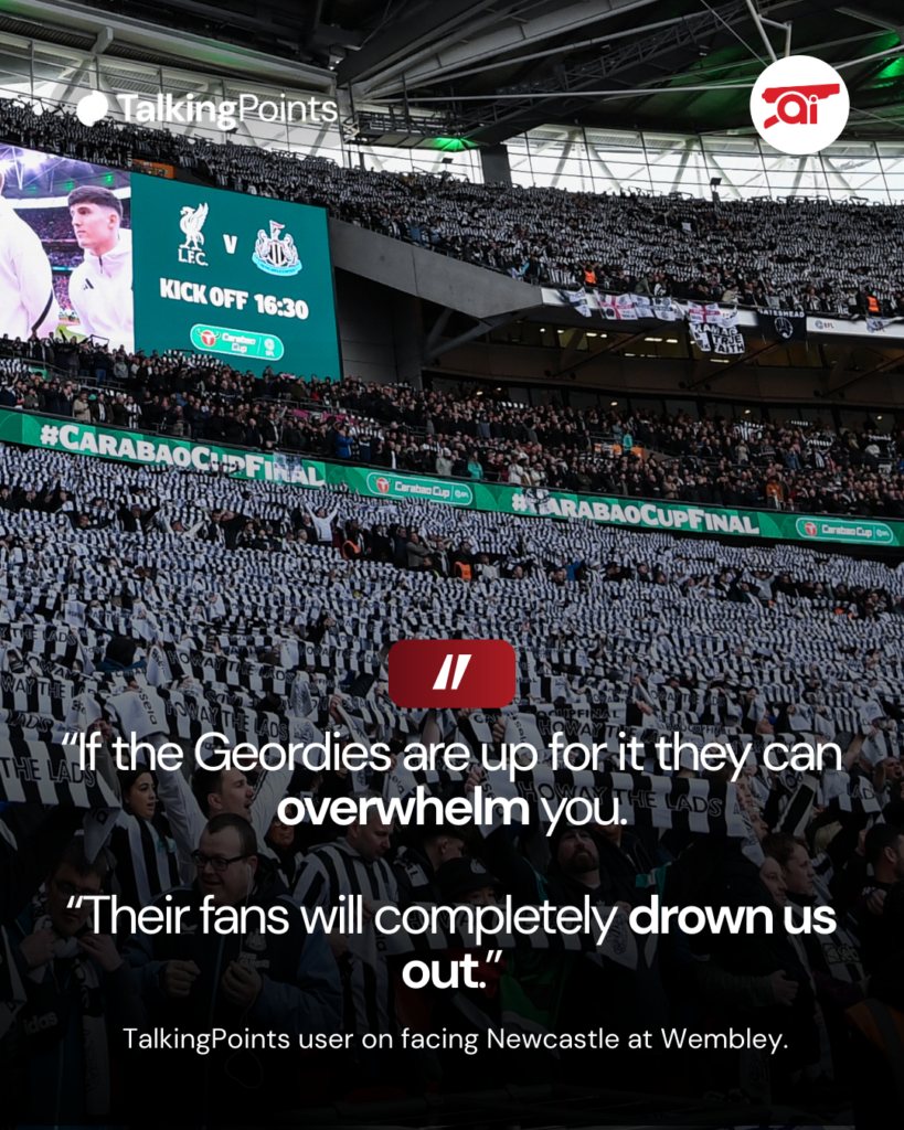 A graphic showing a TalkingPoints user's comment on Arsenal facing Newcastle fans at Wembley.