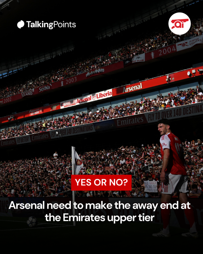 A graphic asking Arsenal fans if the away end at the Emirates Stadium should be moved.
