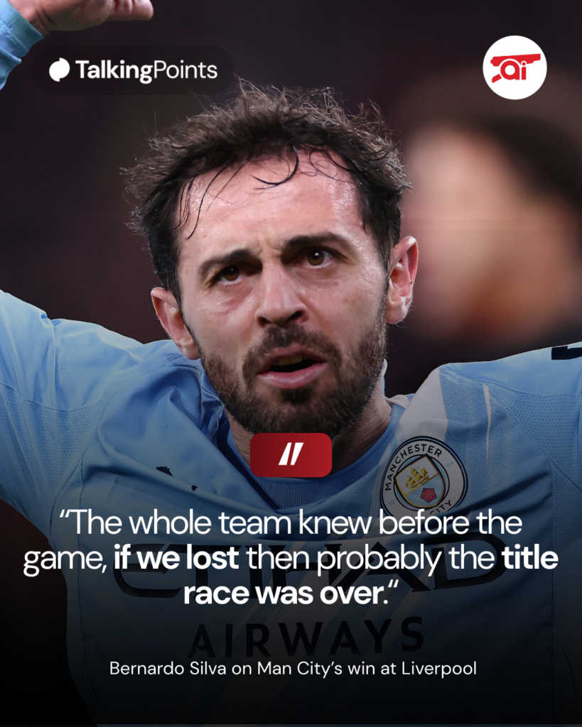 A graphic to show Bernardo Silva's comment about the Premier League title race before Man City's win at Anfield.