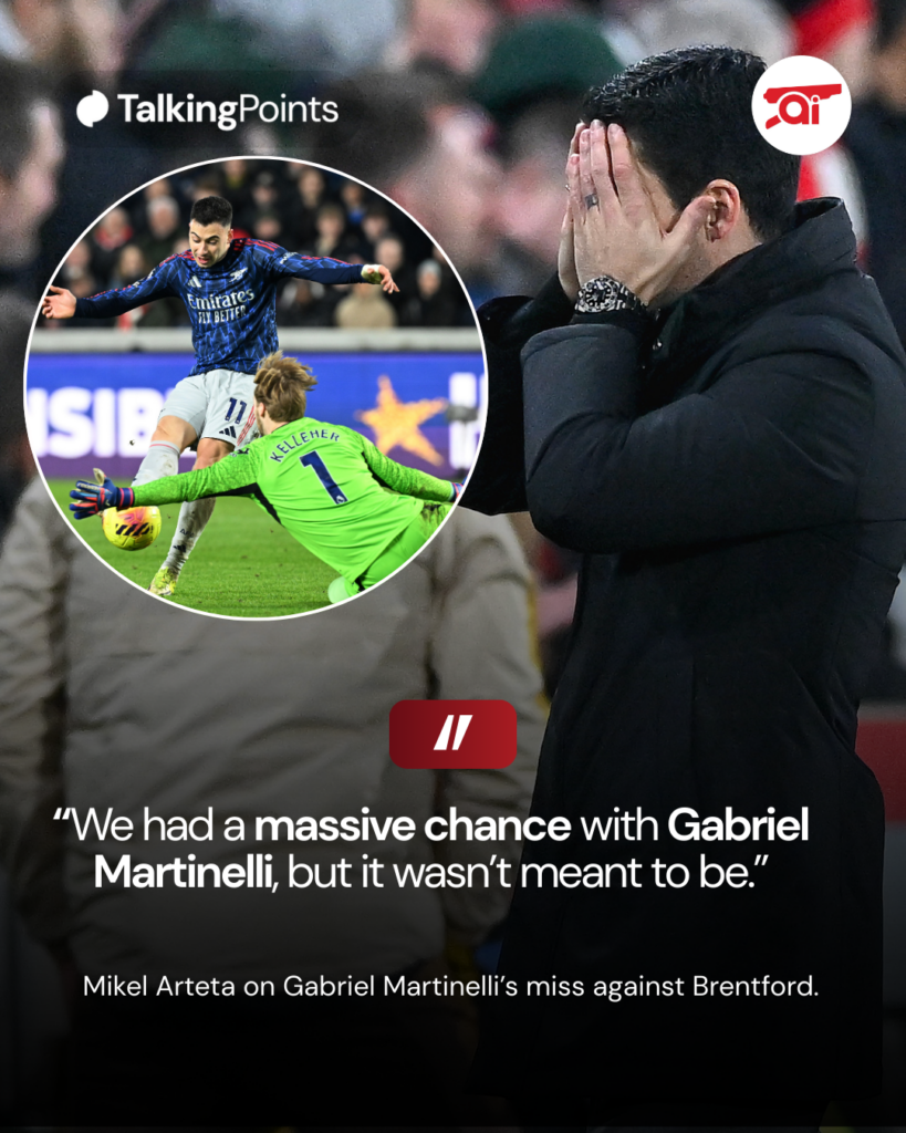A graphic showing Mikel Arteta's reaction to Gabriel Martinelli's miss against Brentford.