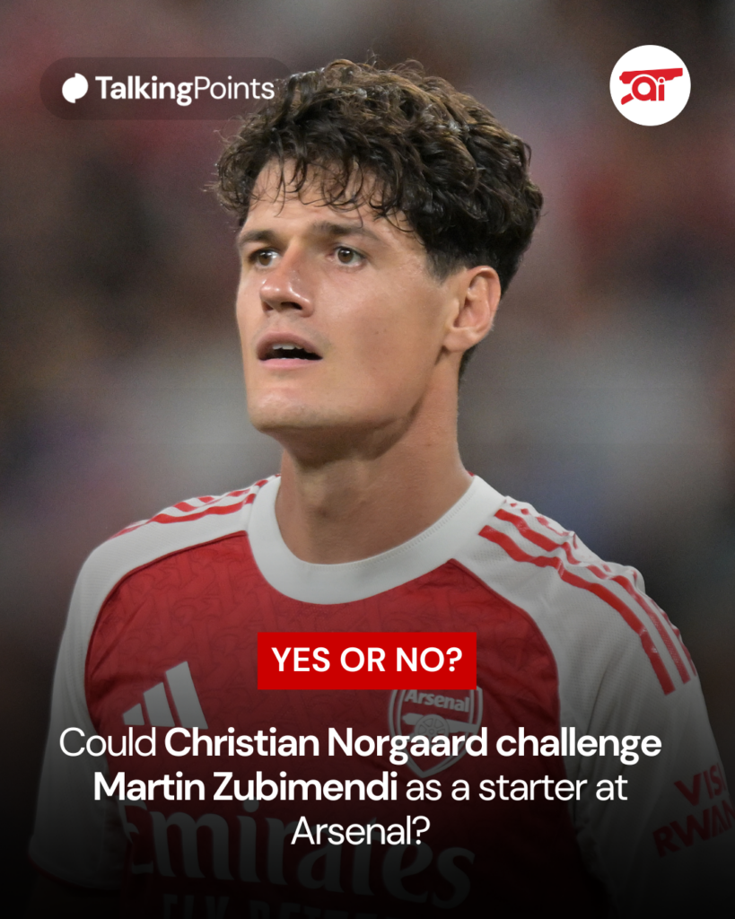 A graphic asking Arsenal fans if Christian Norgaard could compete with Martin Zubimendi as a starter.
