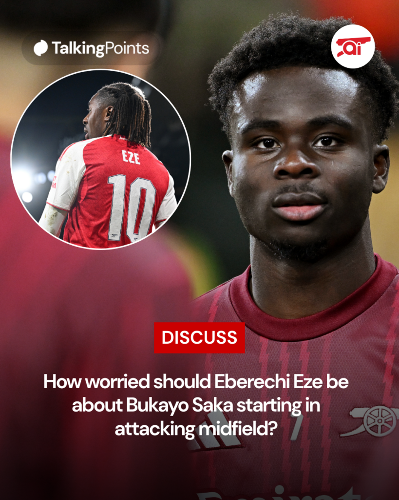 A graphic asking if Eberechi Eze should be worried about Bukayo Saka starting in midfield including an image of Bukayo Saka with an inset of Eberechi Eze.
