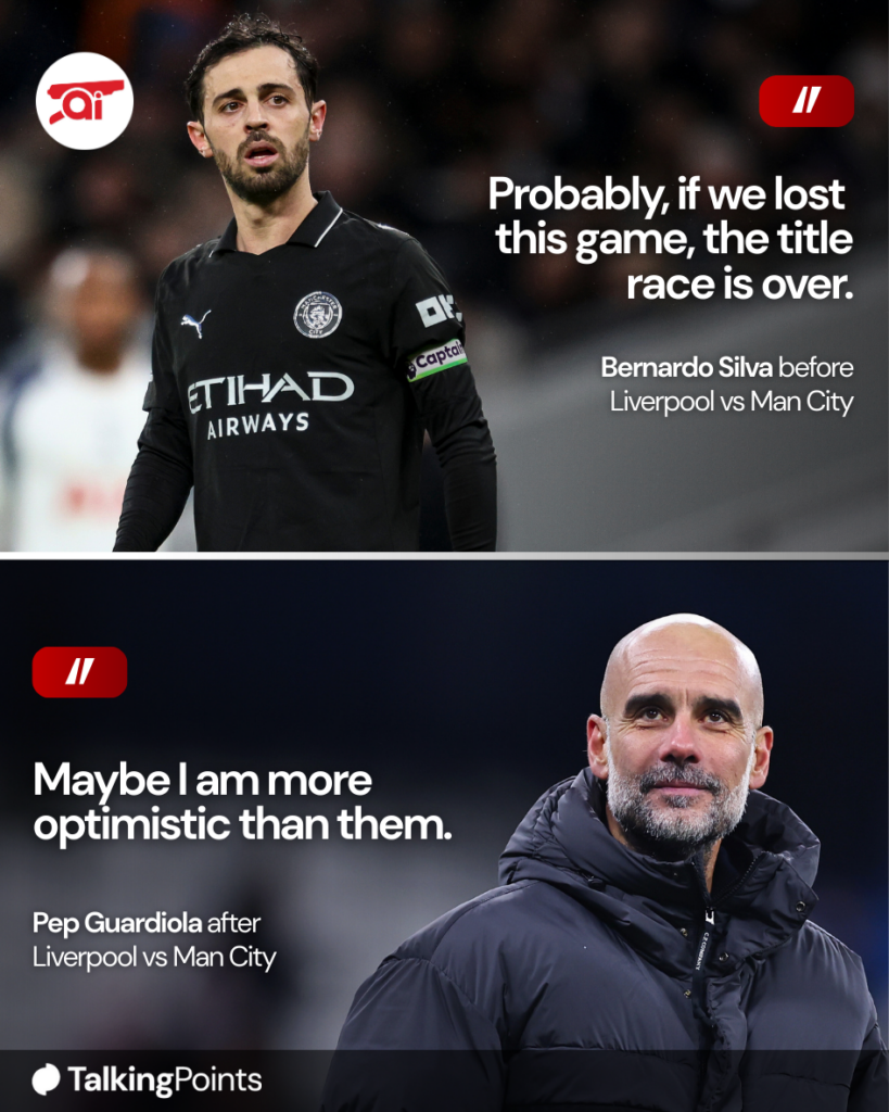 A graphic comparing Pep Guardiola and Bernardo Silva's comments after Manchester City beat Liverpool.