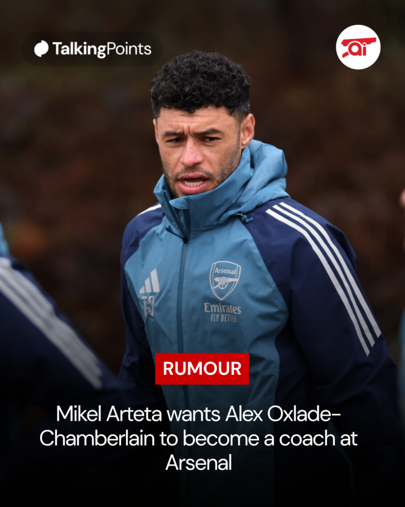 Image of Alex Oxlade-Chamberlain training at Arsenal, overlaid a rumour that Mikel Arteta wants to hire him as a coach