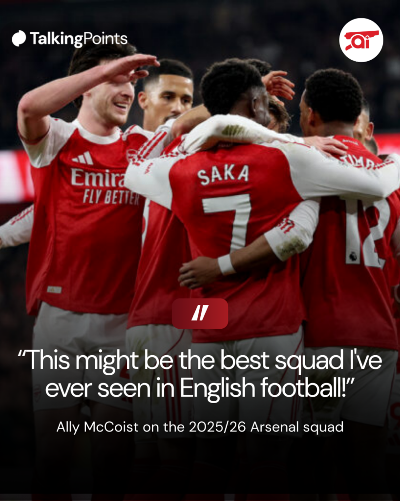 Image of Arsenal players celebrating, overlaid a quote from Ally McCoist saying the Gunners have the best squad in English football history