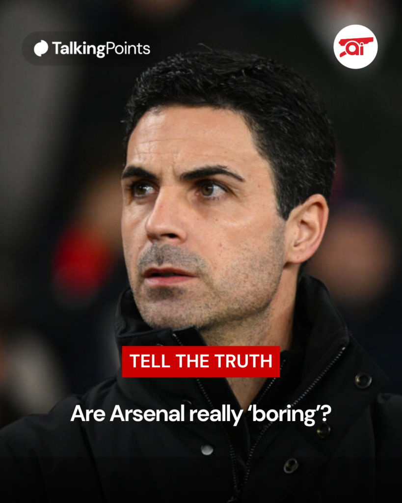 Image of Mikel Arteta looking on during an Arsenal game, overlaid a question asking if Arsenal are boring