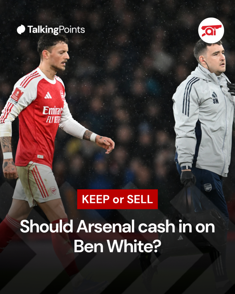 Ben White of Arsenal walks off with Simon Murphy, physiotherapist of Arsenal during the Emirates FA Cup Fourth Round match between Arsenal and Wigan Athletic