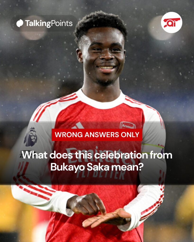 Bukayo Saka celebrates after scoring for Arsenal vs Wolves, overlaid a question asking fans what that celebration could mean, but wrong answers only