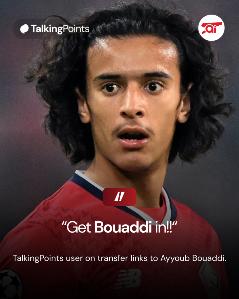 A graphic to show an Arsenal fan's comment on transfer links to Ayyoub Bouaddi.