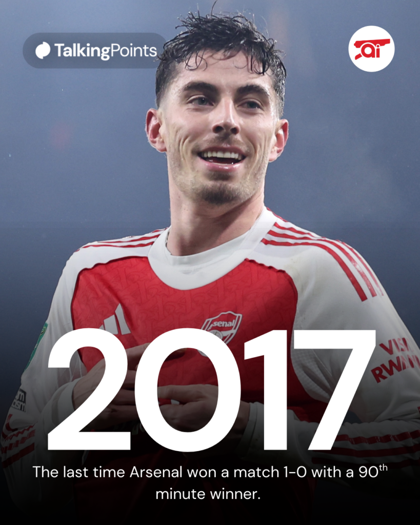 A graphic to show that Kai Havertz scored Arsenal's first 90th minute winner in a 1-0 match since 2017.