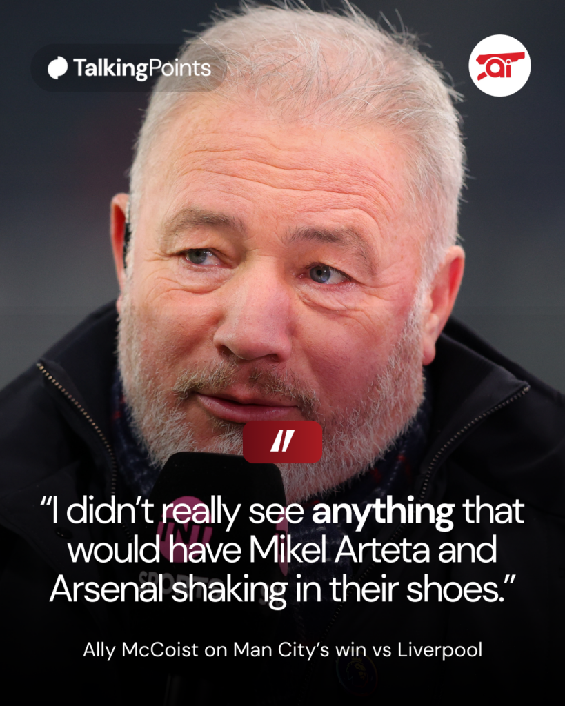 A graphic displaying a quote from Ally McCoist about Man City's performance against Liverpool.