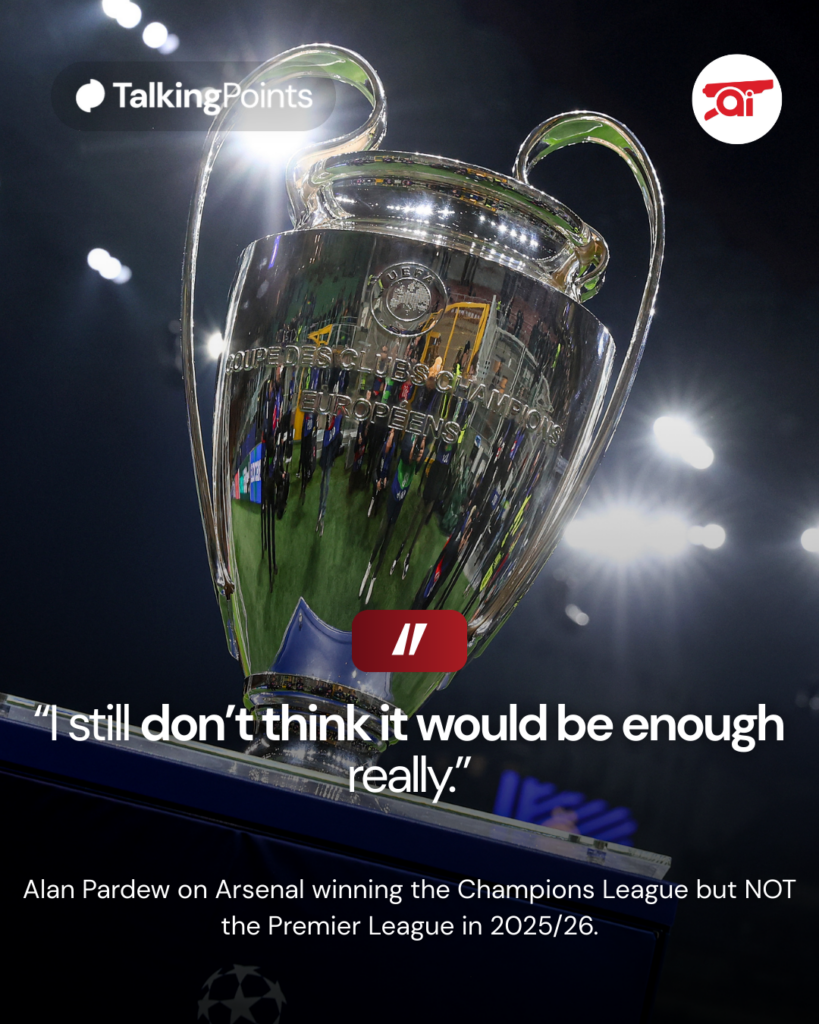 A graphic of the Champions League trophy including a quote made by Alan Pardew on Arsenal winning the Champions League but not the Premier League.