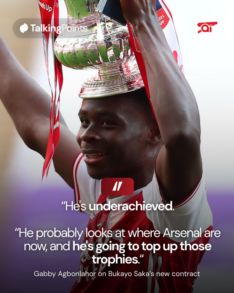 A graphic showing Gabby Agbonlahor's comment about Bukayo Saka underachieving at Arsenal.