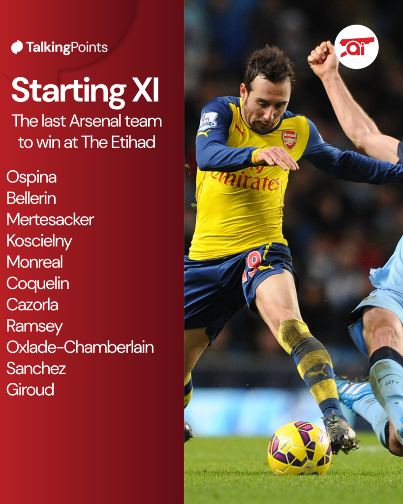 A graphic including an image of Santi Cazorla to show Arsenal's starting XI the last time they beat Manchester City at the Etihad.