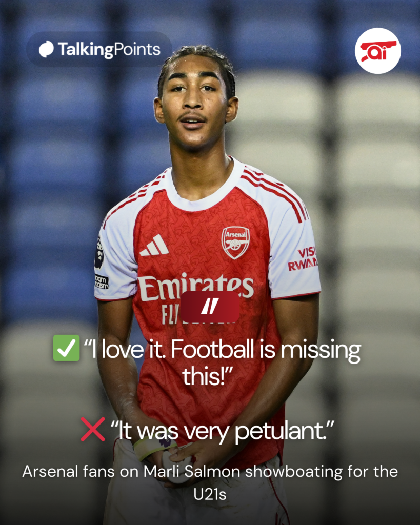 A graphic of Marli Salmon and Arsenal fans reacting to him showboating against Reading U21.