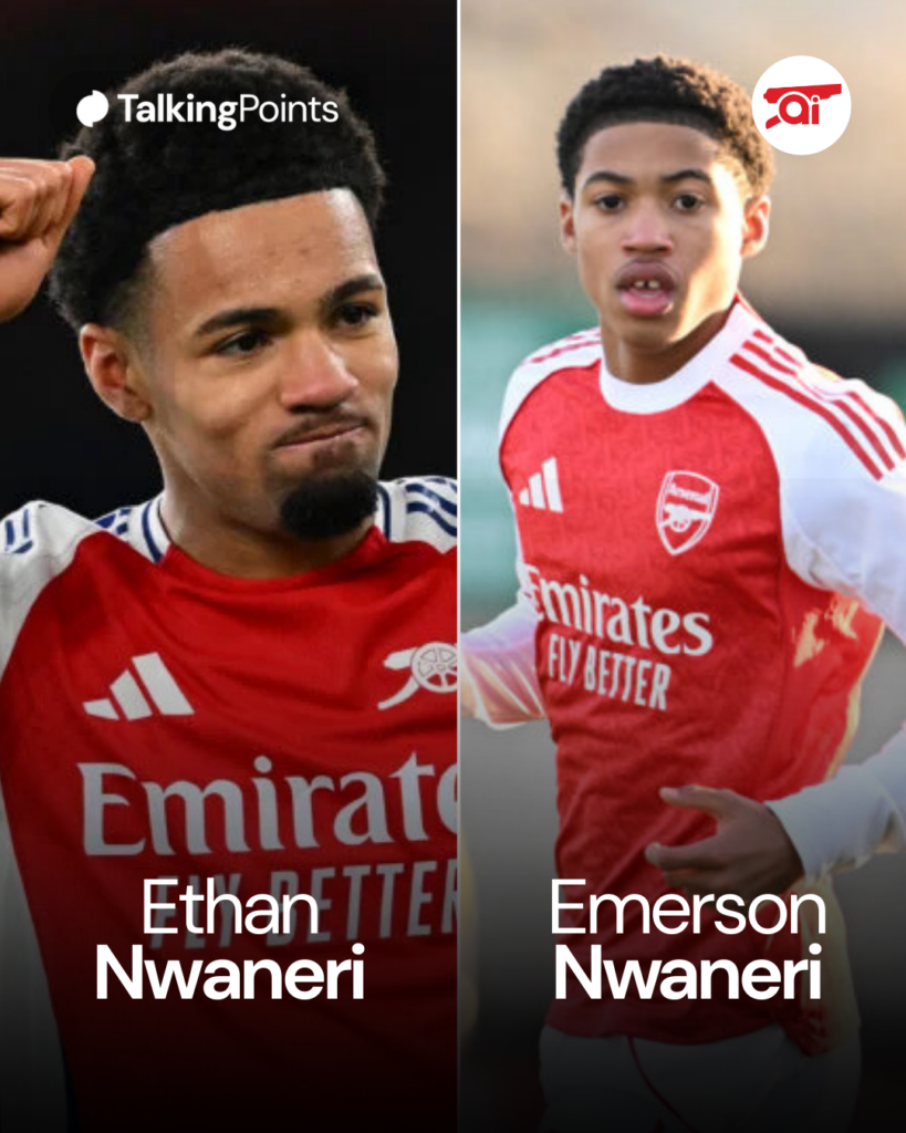 Split images of Ethan Nwaneri and Emerson Nwaneri in action for Arsenal