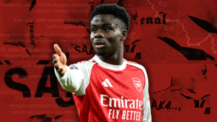 Abstract cover art featuring Bukayo Saka, Arsenal iconography and financial imagery
