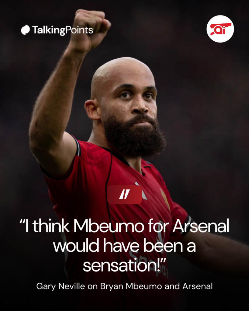 Image of Bryan Mbeumo celebrating during a Manchester United game, overlaid Gary Neville's quote about Mbeumo and Arsenal