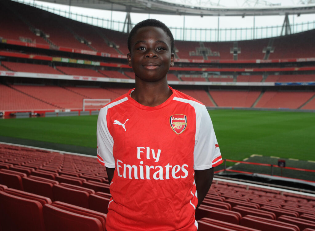 Bukayo Saka of Arsenal during the Arsenal Academy photoshoot at Emirate Stadium on August 25, 2014 in London, England.
