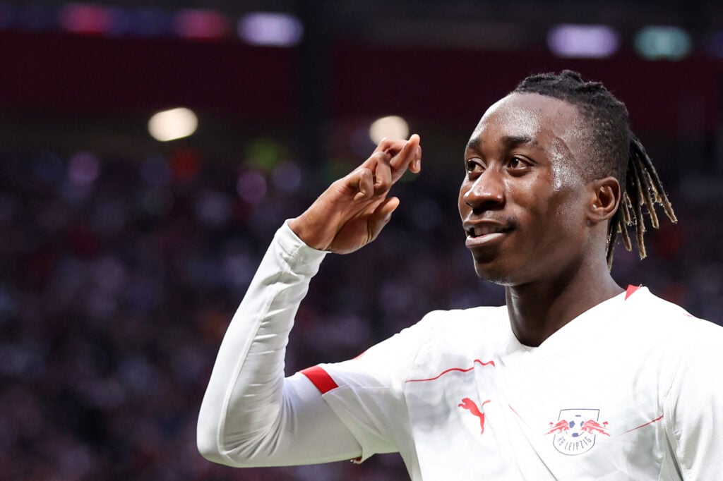 Yan Diomande celebrates after scoring for RB Leipzig
