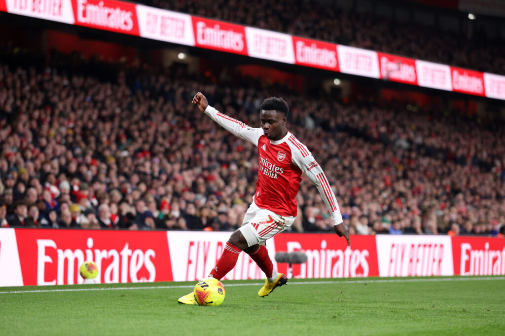 Bukayo Saka of Arsenal during the Premier League match between Arsenal and Manchester United at Emirates Stadium on January 25, 2026 in London, England.