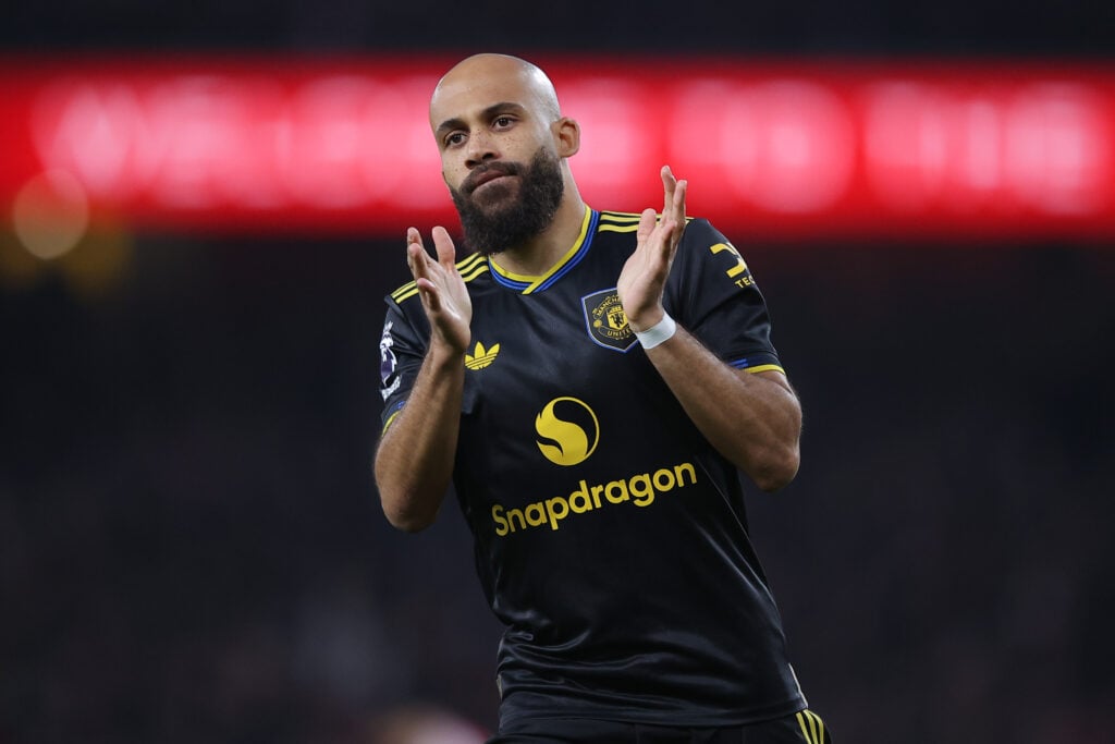 Bryan Mbeumo applauds the fans after a Manchester United game