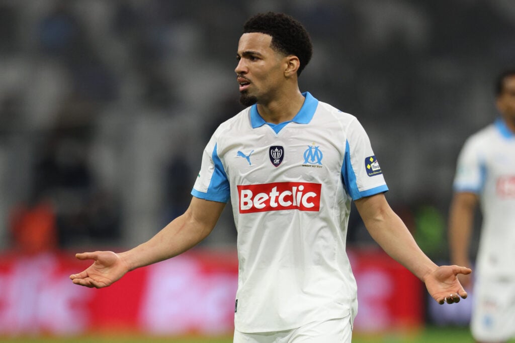 Ethan Nwaneri looking on during a Marseille game